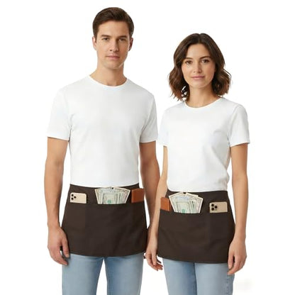 BOHARERS Waist Apron with 3 Pockets - Brown Waitress Waiter Server Short Apron（brown） - color: 1 Pack Brown