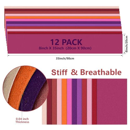 12 Rolls 8"x35" Large Stiff Felt Sheets, 1mm Felt Fabric Sheet for Crafts - color: Red Series