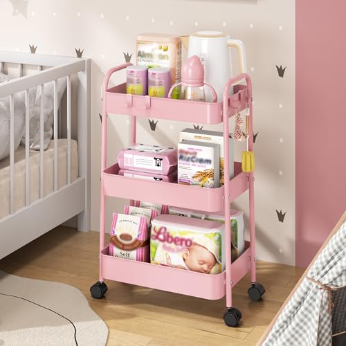 TOOLF 3 Tier Rolling Cart, Metal Utility Storage Cart with Wheels, Pink - color: Pink