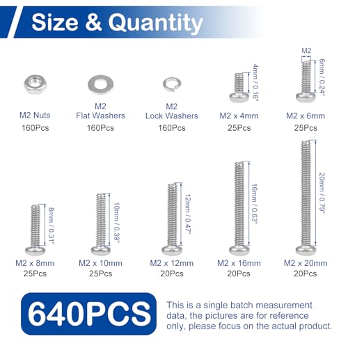 MroMax 640Pcs M2 Phillips Pan Head Machine Screws Kit with Nuts & Washers - size: M2 Assortment Kit