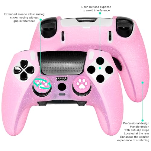 Pink Glitter Anti-Slip Protective Silicone Cover Skin Grips Compatible with ps5 dualsense Edge Controller,8 PCS Glitter Thumb Grips Caps and 2 Grips Caps. - color: Glitter Pink