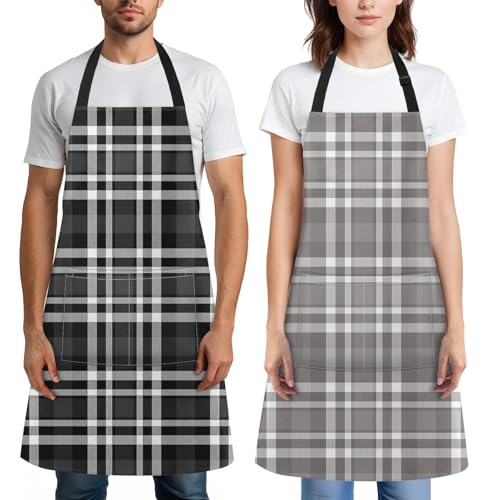 Britimes Apron with Pockets, 32x28 inch, 2 Pack, Plaid - color: Black Gray