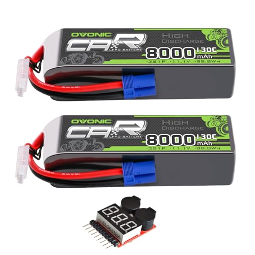 OVONIC 3S LiPo Battery 8000mAh 11.1V 130C RC Battery with EC5 Connector (2 Pack)(with Lipo Voltage Checker)