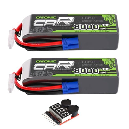 OVONIC 3S LiPo Battery 8000mAh 11.1V 130C RC Battery with EC5 Connector (2 Pack)(with Lipo Voltage Checker)
