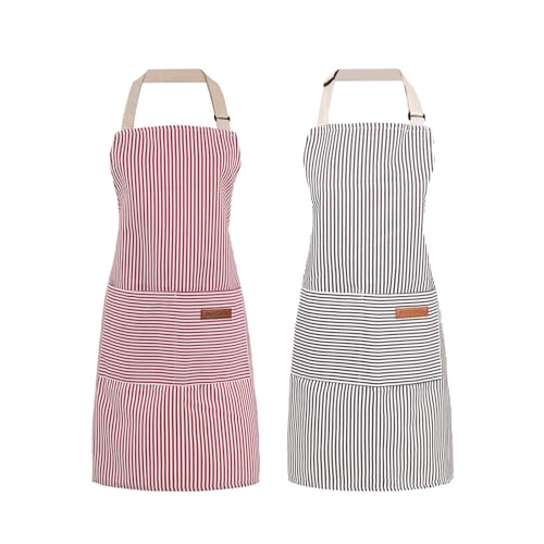 2 Pack Cooking Aprons Adjustable Bib Apron for Women with 2 Pockets, Kitchen Restaurant Men Chefs Aprons - color: Pink/Beige Stripes