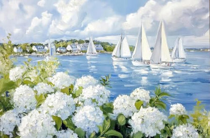 ZeeLionArt Diamond Art Kit, Coastal White Hydrangea Sailboat, 16 x 12 Inch - color: DP04492