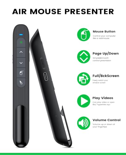 Green Light Wireless Presentation Clicker with Air Mouse, 2.4GHz Rechargeable USB-A/USB-C PowerPoint Clicker Slide Advancer, Presenter for PC, Mac, Computer - color: Green L+Rechargeable+Mouse