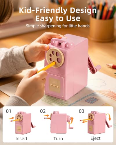 ZMOL Heavy Duty Manual Hand Crank Pencil Sharpener, Desktop, Pink - color: Pink