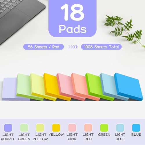 (18 Pads) Sticky Notes 3x3 inch, 9 Pastel Colors Self-Stick Pads - color: Pastel Colors