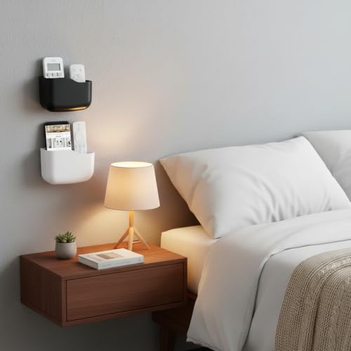 Wall/Bedside Remote Control Holder & Storage Box with Adhesive/Separable Mount - Plastic Media Player & Controller Organizer, Phone Charging Station, for TV Remotes,Stationery - Compact Space-Saving