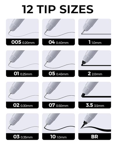 JusArt Fineliner Pens, Ultra Fine, Fine, Brush & Chisel, 12 Sizes - color: 12-Black