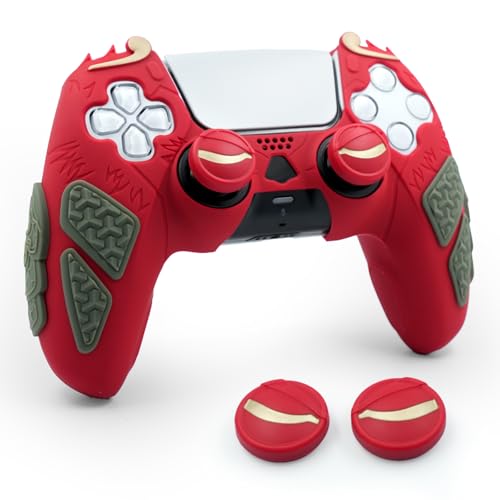 Silicone Grip Cover Compatible with PS5 DualSense Controller, Wukong Themed Anti-Slip Chainmail Texture Skin, No Need to Remove for Charging with Joystick Caps (Wukong Red) - color: Red