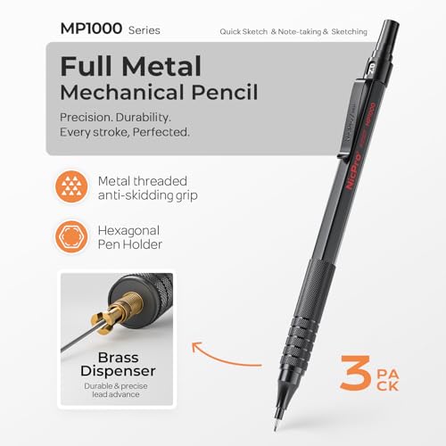 Nicpro 3 PCS Metal 2.0mm Mechanical Pencil Set with Case for Sketching - color: Black