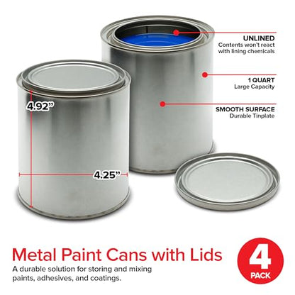 Stock Your Home 1 Quart Unlined Metal Paint Cans with Lids (4 Pack), Empty Quart Paint Cans for Storage, Mixing, Touch Ups and Crafts - Made in USA, Metal Buckets with Friction Fit Lids - size: 4 Pack