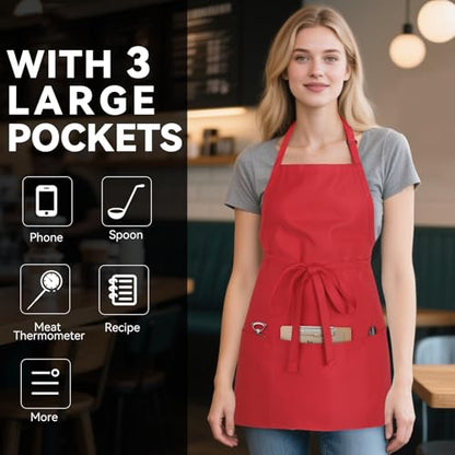 NLUS Kitchen Cooking Apron with 3 Pockets, Adjustable Bib Apron Chef Aprons for Women Men - color: Red