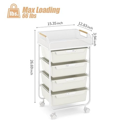 SYKIARIOL 4-Drawer Rolling Storage Cart with Mesh Top,White - color: Cream White