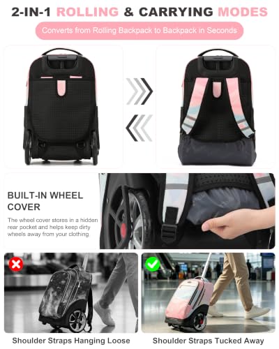 NEW TILAMI 19 Inch Rolling Backpack for School Stair-Climbing Big Wheel - color: Pink