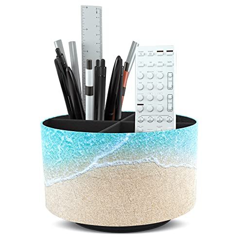 Round Leather Art Supply Organizer,Remote Control Holder,360 Degree Rotating,Multi-Functional Pencil Holder,4 Compartments Desktop Stationary Organizer(1-Sandbeach) - color: 1-Sandbeach