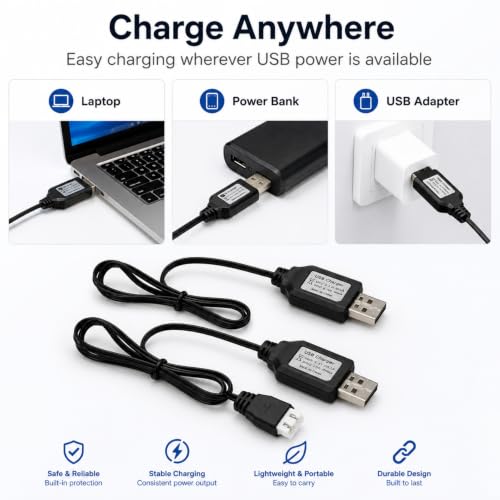 7.4V 1A USB Charging Cable for RC Batteries (2S Lipo), XH-3P Connector, 2-Pack - Works with SCX24, FPV Drones, SplatRBall