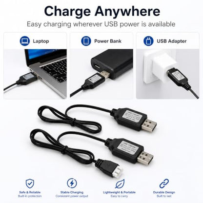 7.4V 1A USB Charging Cable for RC Batteries (2S Lipo), XH-3P Connector, 2-Pack - Works with SCX24, FPV Drones, SplatRBall