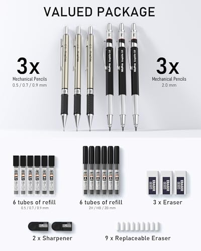 Nicpro 6PCS Art Mechanical Pencil Set, 0.5/0.7/0.9/2mm Point - color: Silver