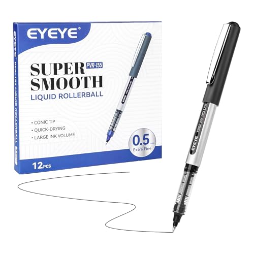 EYEYE Black Pens Pack of 12, 0.5mm Extra Fine Point Roller Ball Pen - color: Black