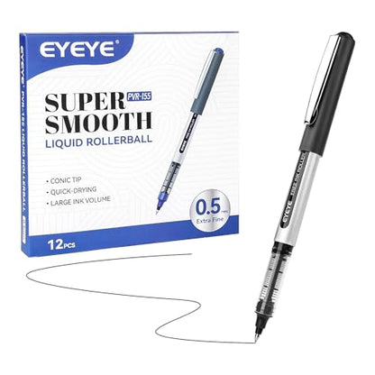 EYEYE Black Pens Pack of 12, 0.5mm Extra Fine Point Roller Ball Pen - color: Black