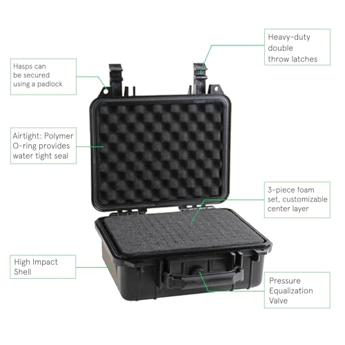 multicomp PRO Black Weatherproof Equipment Case, Polypropylene Construction with Foam Insert, 10.5" x 9.5" x 5“ (L x W x H)