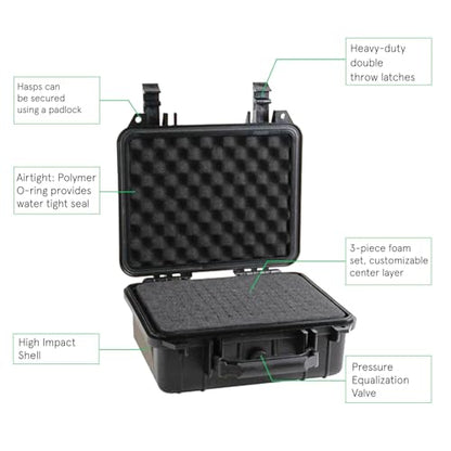 multicomp PRO Black Weatherproof Equipment Case, Polypropylene Construction with Foam Insert, 10.5" x 9.5" x 5“ (L x W x H)