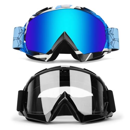 Dirt Bike Goggles 2 Pack - MX Goggles for ATV, Dirtbike, Motocross - color: Camo Blue Frame+black Farme(blue+clear)