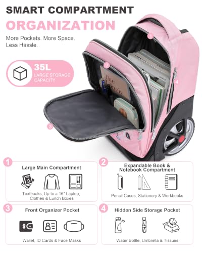 NEW TILAMI 19 Inch Rolling Backpack for School Stair-Climbing Big Wheel - color: Pink Flower
