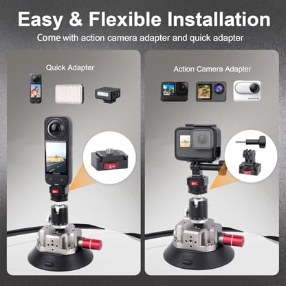 Suction Car Mount for lnsta36O,Versatile Camera Suction Cup Car Mount Kit with 1/4" & 3/8" Mounting Holes, Selfie Stick & Super Clamp, 4.5in Camera Suction Cup for GoPr0,DJI Osmo Action,JC022