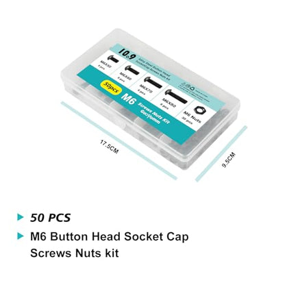 50PCS M6 x 50mm 60mm 70mm 80mm, Button Head Socket Cap Screws Bolts Nuts Kit, 10.9 Grade Alloy Steel, Black Oxide Finish, Metric Allen Hex Drive, Fully Threaded - size: Button M6x50/60/70/80mm