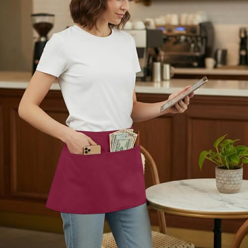 BOHARERS Waist Apron with 3 Pockets - Red Waitress Waiter Server Short Apron - color: 1 Pack Red