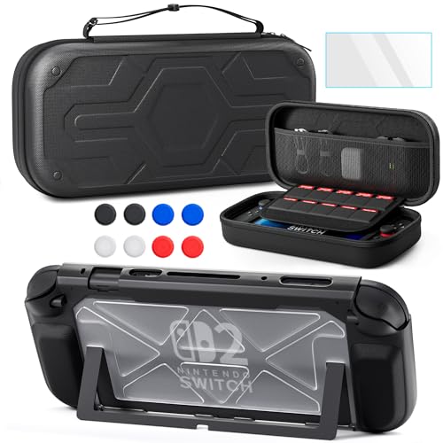 PAWDIARY Black Switch 2 Carrying Case Travel Pouch, Accessories Bundle with Heavy Duty Switch 2 Dockable Cover, HD Screen Protector, and 8 Thumb Caps - color: Black-Heavy duty