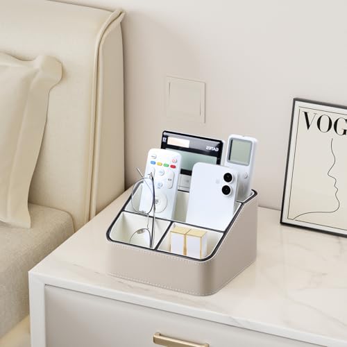 PU Leather Remote Control Holder, Nightstand Organizer with 4 Compartments - color: Beige