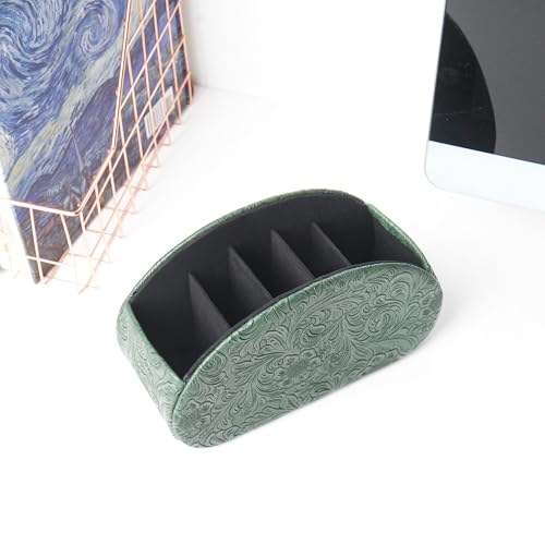 Remote Control Holder, PU Leather Remote Caddy Desktop Organizer with 5 Spacious Compartments for TV Remotes/Media Controllers/Office Supplies (1-Carved3 Green1 - color: 1-Carved3 Green1