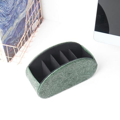Remote Control Holder, PU Leather Remote Caddy Desktop Organizer with 5 Spacious Compartments for TV Remotes/Media Controllers/Office Supplies (1-Carved3 Green1 - color: 1-Carved3 Green1