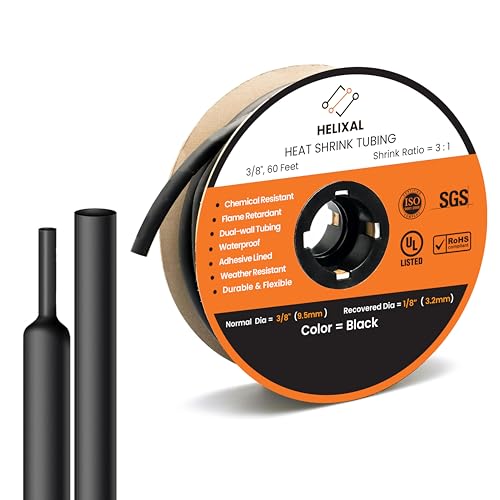3/8" 9.5mm HELIXAL 3:1 Heat Shrink Tubing Adhesive Dual Wall 60ft Roll - color: 3:1 - Black - Large, size: 3/8" - 60 Feet