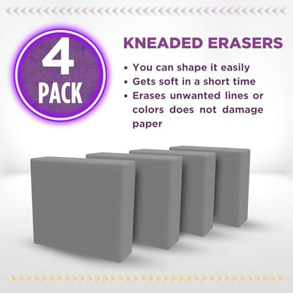 Kneaded Erasers for Drawing – Large Grey Moldable Art Erasers (4 Pack) with Storage Case, Ideal for Charcoal, Sketching, Pastels & Fine Art Blending