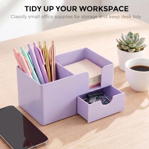 SKYDUE Small Desk Organizer with Sticky Notes Holder,Pen Holder for Deskc - color: Purple