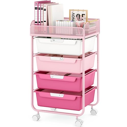 SYKIARIOL 4-Drawer Rolling Storage Cart with Mesh Top, Rose Pink - color: Gradient Pink