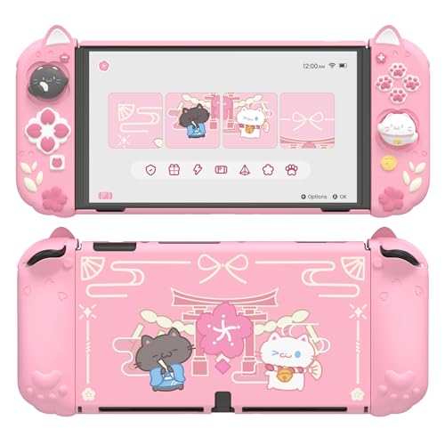 PlayVital Protective Case for Nintendo Switch OLED with Extra Stand - Cherry Blossoms Kitten Dockable Hard Shell Cover + Silicone Grips for Switch OLED with Thumb Grips, Shockproof - Pink - color: NSO Pink