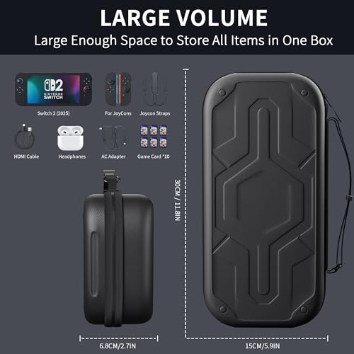PAWDIARY Black Switch 2 Carrying Case Travel Pouch, Accessories Bundle with Heavy Duty Switch 2 Dockable Cover, HD Screen Protector, and 8 Thumb Caps - color: Black-Heavy duty