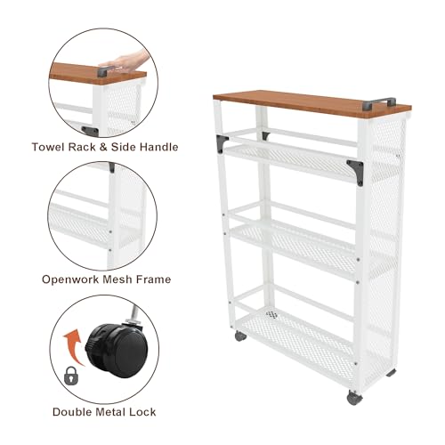 3-Tier Rolling Cart Slim - White Laundry Bathroom Kitchen - color: White