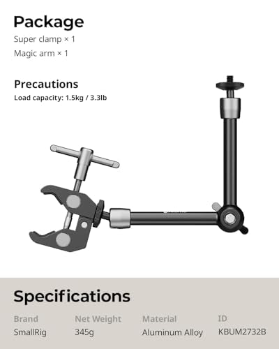 SMALLRIG 9.8 Inches Magic Arm Clamp Kit with 1/4" and 3/8" Threaded Holes - size: 9.8''+arm only