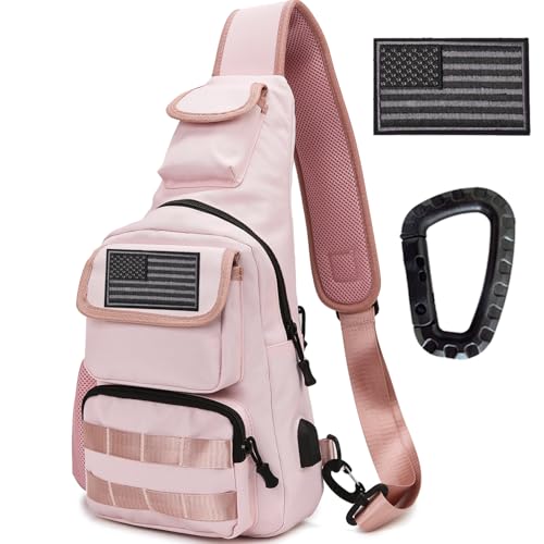 Tactical Shoulder Bag - 1000D Molle Military Backpack Outdoor Daypack Chest Pack - color: Lightpink