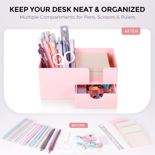 SKYDUE Small Desk Organizer with Sticky Notes Holder,Pen Holder for Desk - color: Pink