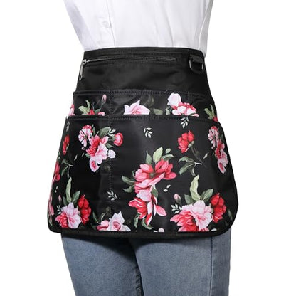 Waterproof Server Apron for Women with 6 Pockets,Quickly Put on and Take off Waitress Apron,Work Apron for Bartender Barista - color: Peony