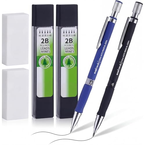 Bememo 2 Pieces Mechanical Pencils 2.0 mm 2B with 2 Case Refills and 2 Pieces Erasers for Draft Drawing, Carpenter, Crafting, Art Sketching (Blue and Black)